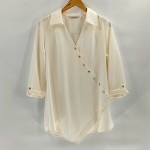 Soft Surroundings off white wrap button blouse asymmetrical top elbow sleeve med